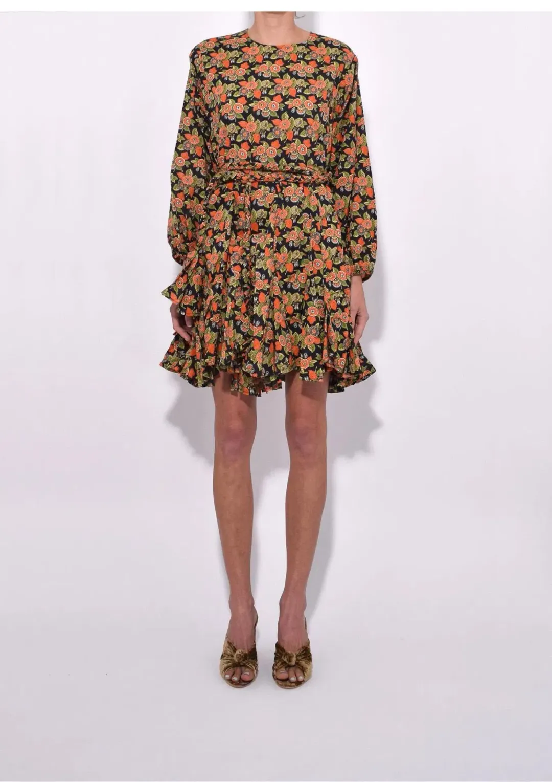Rhode Resort Ella Long Sleeve Belted Fluted Mini Dress Floral Size XS / AU 6 for rent on The Volte - main image
