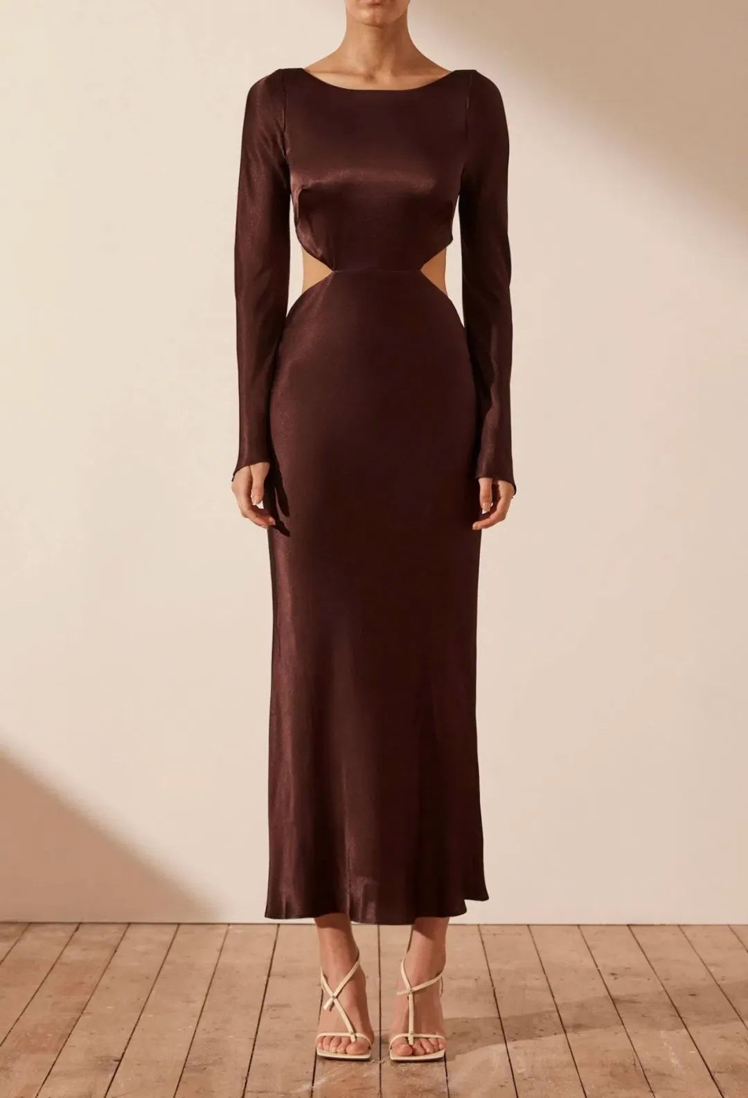 Shona Joy Lana Long Sleeve Open Back Midi Dress Burgundy Size 8 for rent on The Volte - main image