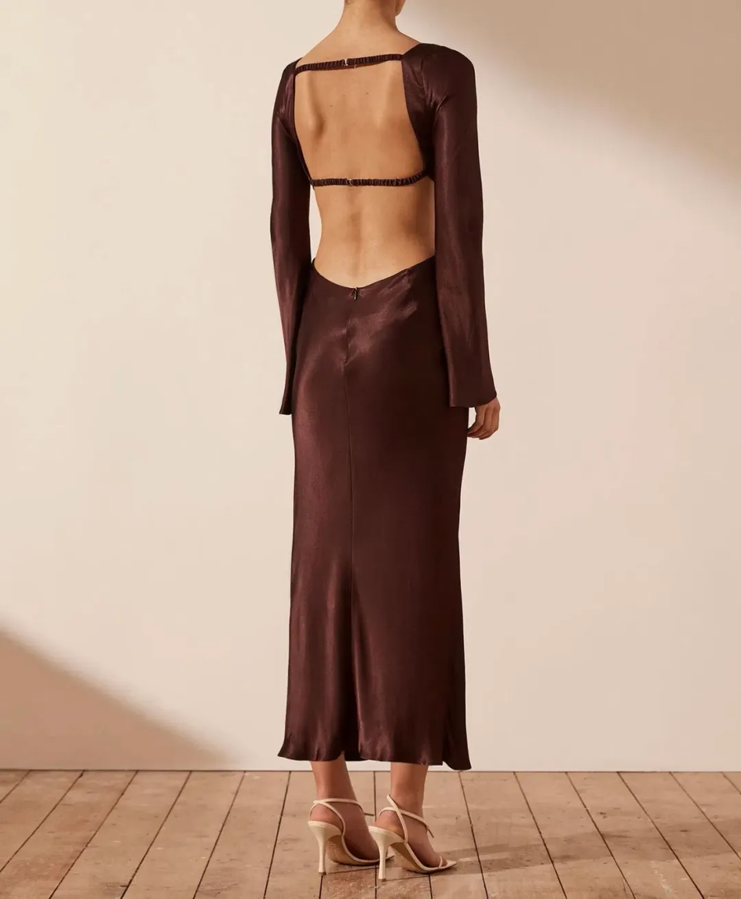 Shona Joy Lana Long Sleeve Open Back Midi Dress Burgundy Size 8 for rent on The Volte - main image