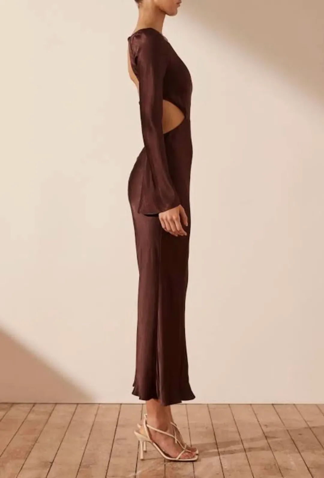 Shona Joy Lana Long Sleeve Open Back Midi Dress Burgundy Size 8 for rent on The Volte - main image