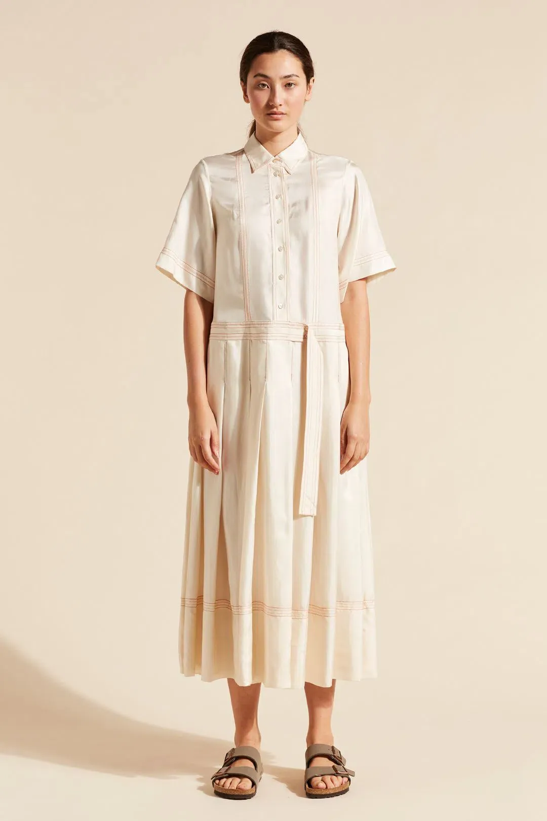 Lee Matthews Adelaide Pleated Shirt Dress Cream Size 12 for rent on The Volte - main image