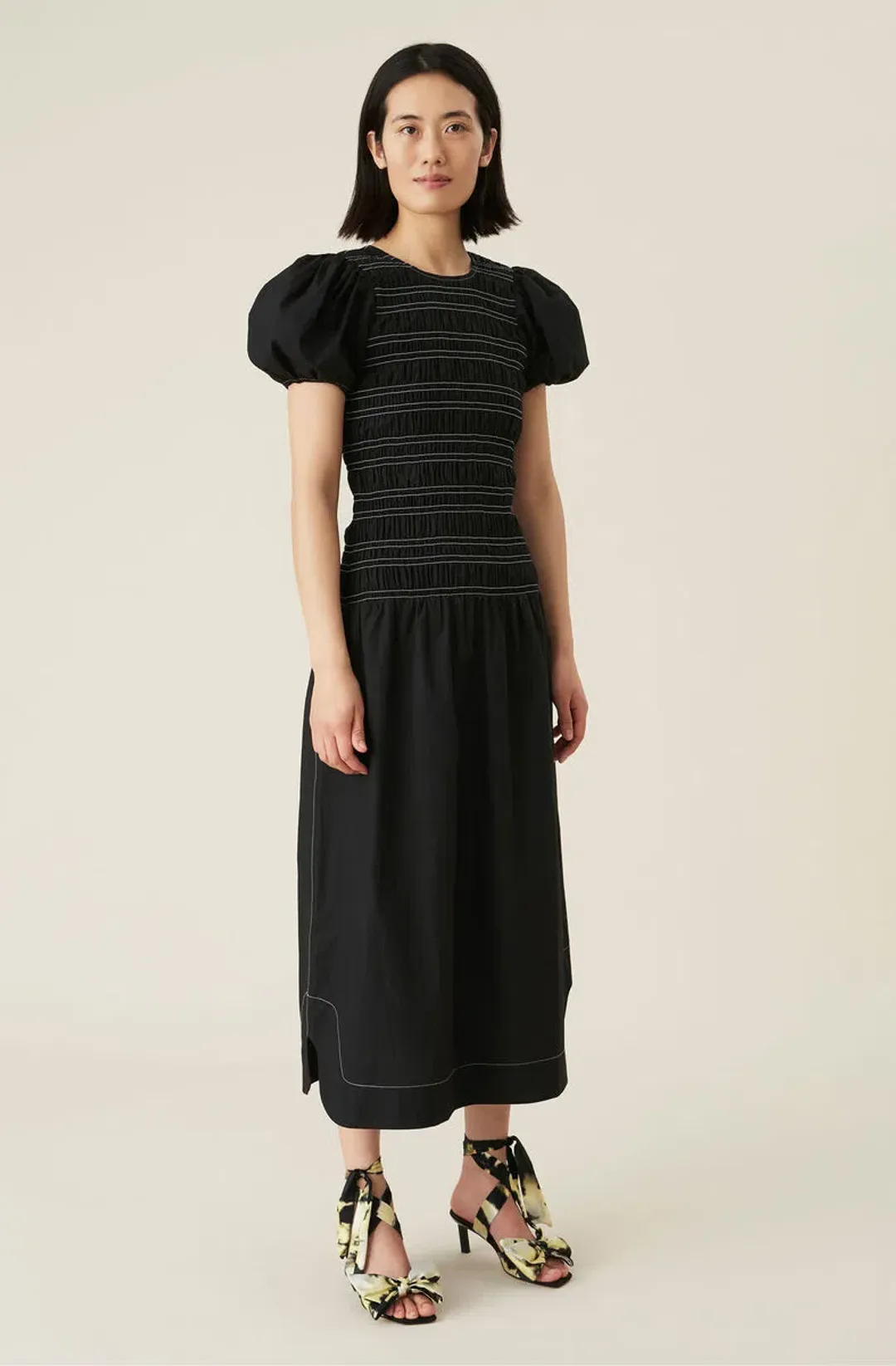Ganni Poplin Shirred Dress Black Size 38/ AU 10 for rent on The Volte - main image