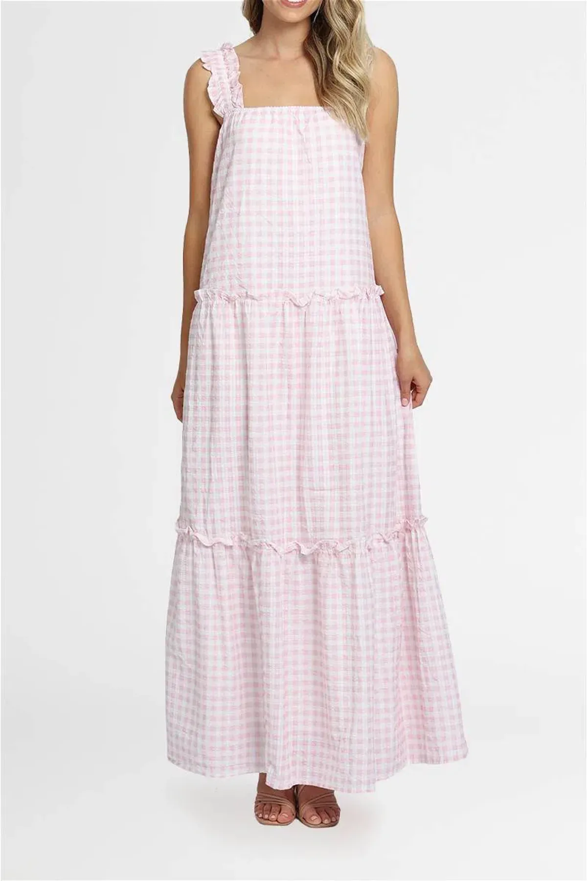 Charlie Holiday Lottie Maxi Dress Pink Gingham Size 8 - Image 1