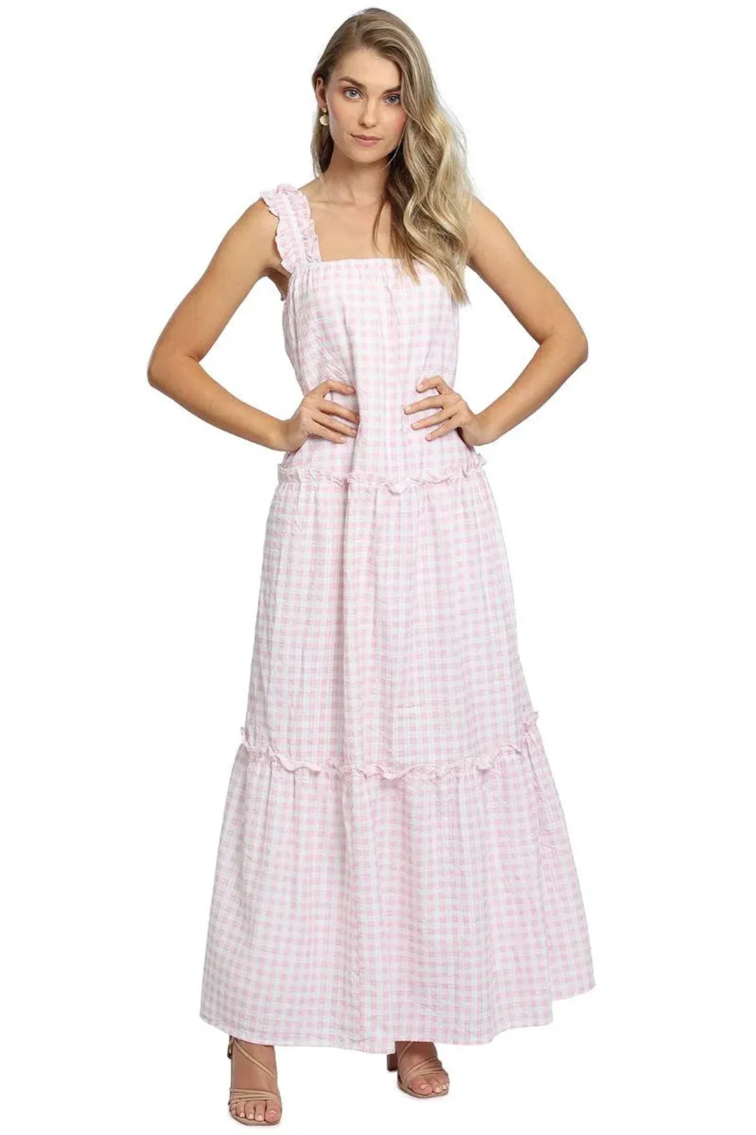 Charlie Holiday Lottie Maxi Dress Pink Gingham Size 8 for rent on The Volte - main image