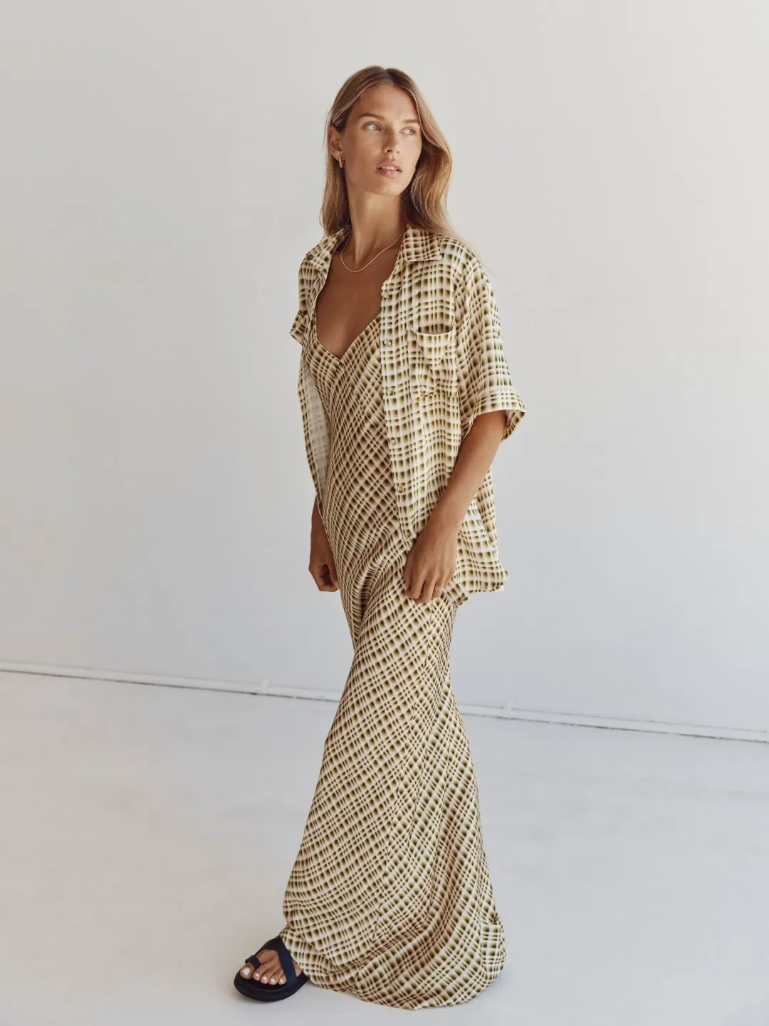 Dissh Dilan Vacation Shirt and Satin Slip Dress Set Print Size 6 for rent on The Volte - main image