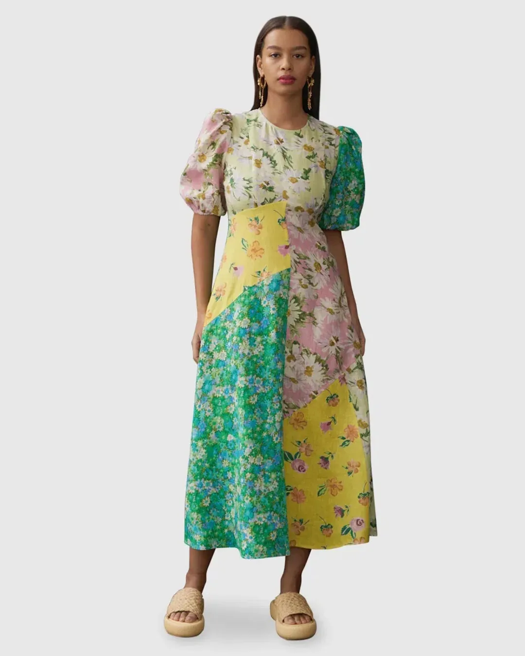Alemais Kenzie Patchwork Linen Midi Dress Floral Size 10 for rent on The Volte - main image