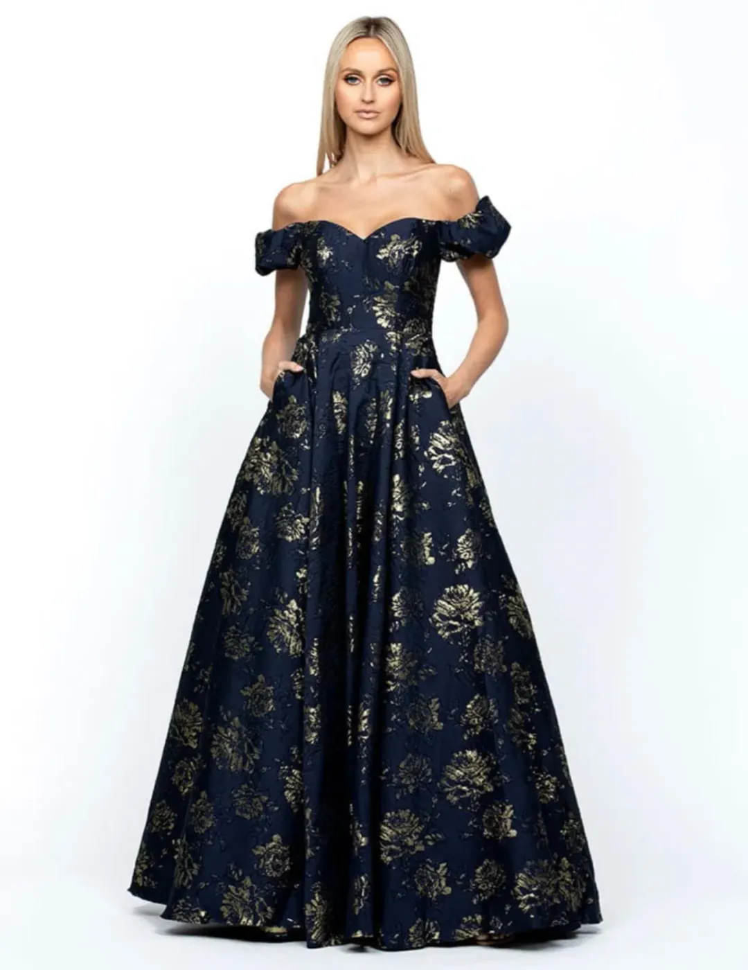 Bariano Sandy Sweetheart Off Shoulder Gown Navy/Gold Size 16 for rent on The Volte - main image