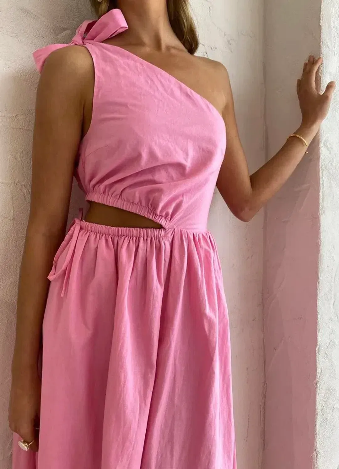 By Nicola Gabriella One Shoulder Midi Dress in Pink Grapefruit Size 10 for rent on The Volte - main image