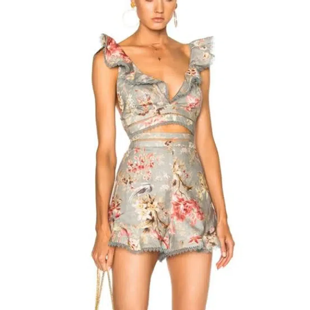 Zimmermann Mercer Flutter Frill Top Size 1/AU 10 and Shorts Size 0/AU 8 Set Blue Floral for rent on The Volte - main image
