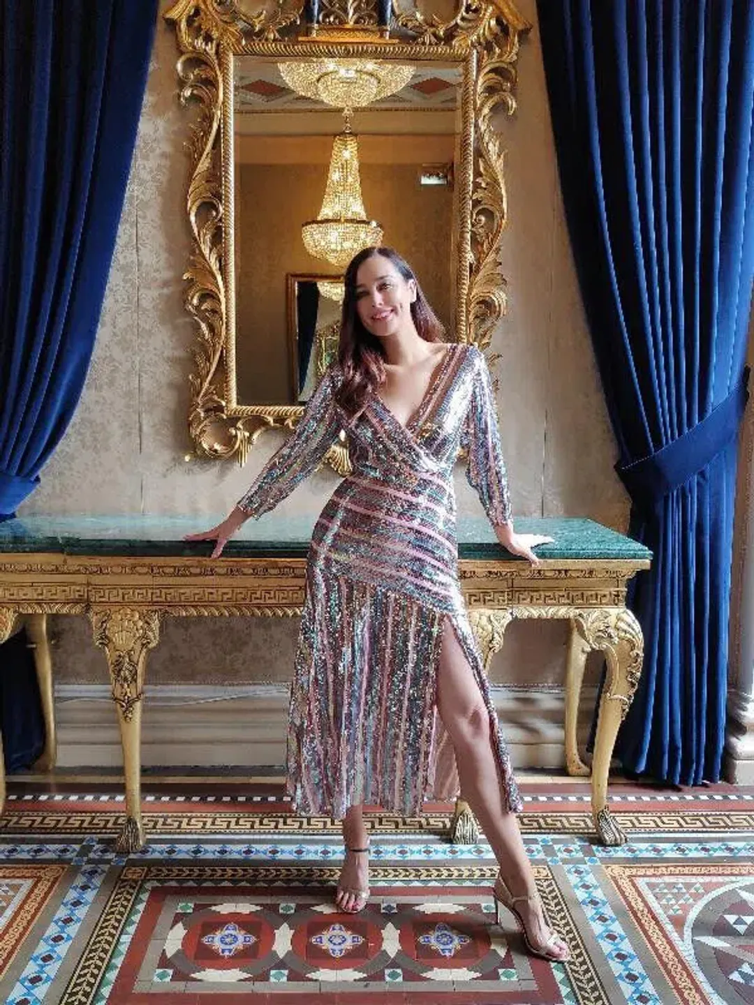 Rixo London Tyra Striped Sequined Crepe Midi Dress in Multi Size AU M for rent on The Volte - main image