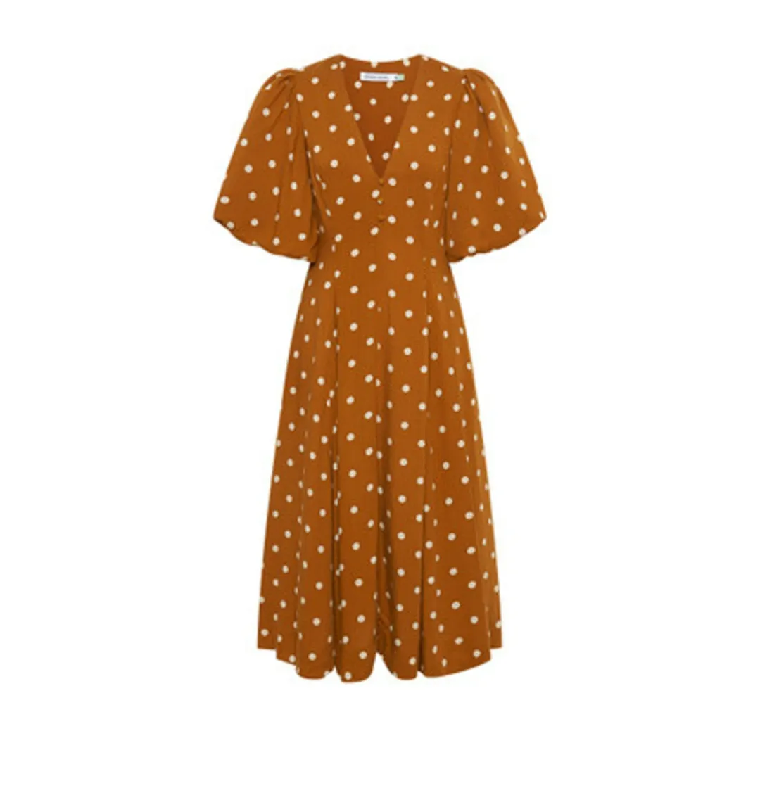 Bohemian Traders Panel Fit And Flared Midi Dress In Brown Dot Size AU 20 for rent on The Volte - main image