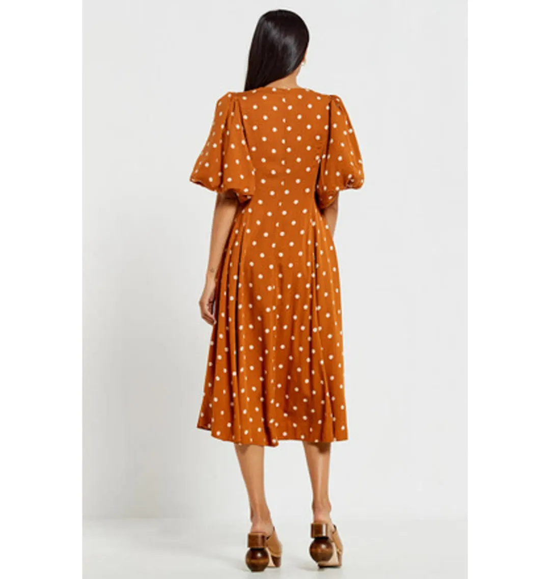 Bohemian Traders Panel Fit And Flared Midi Dress In Brown Dot Size AU 20 for rent on The Volte - main image