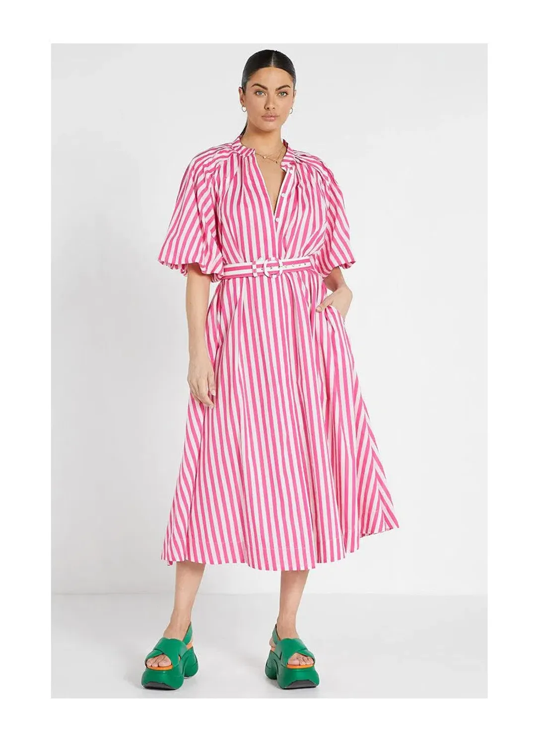 Bohemian Traders Pleated Neck Midi Dress in Pink Size 4XL/ AU 22 for rent on The Volte - main image