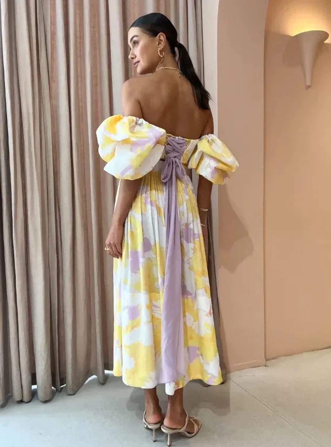 Leo Lin Simone Puff Top and Elina Pleated Midi Skirt Set Jasmine Print in Sun Size 8 for rent on The Volte - main image