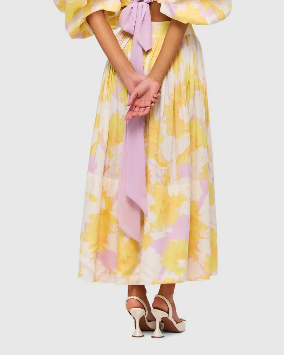 Leo Lin Simone Puff Top and Elina Pleated Midi Skirt Set Jasmine Print in Sun Size 8 - Image 4