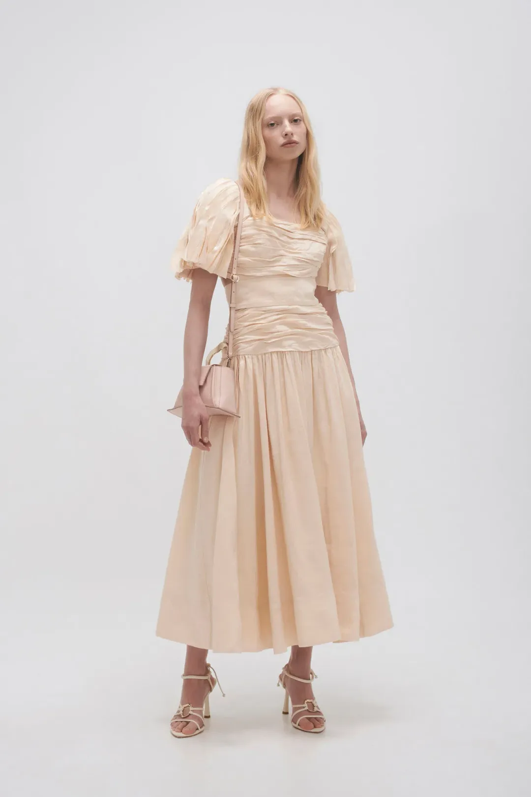 Aje Marianne Ruched Midi Dress in Coconut Cream Size 10 for rent on The Volte - main image