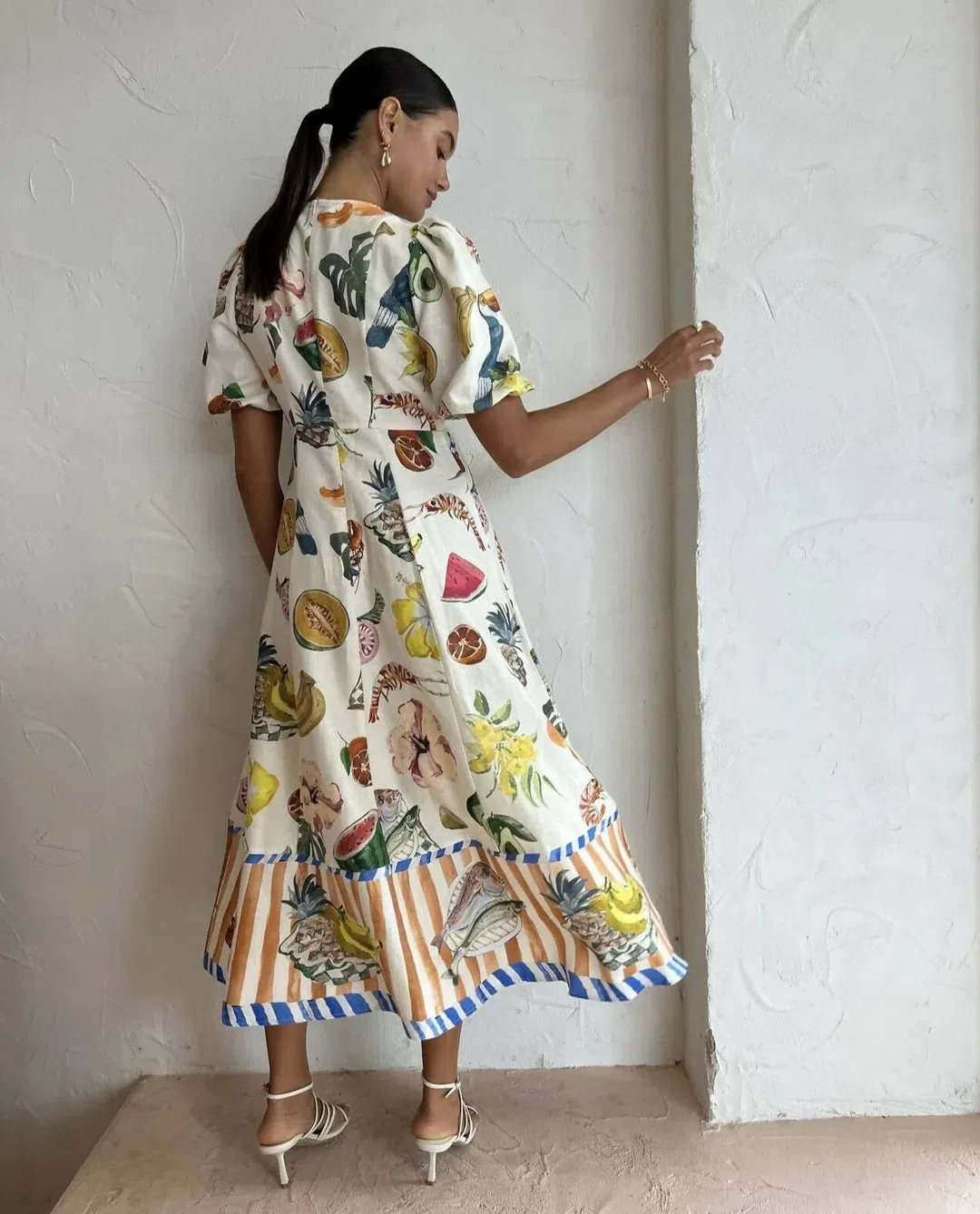 Alemais Theo Linen Blend Midi Dress Ivory Print Size AU 8 for rent on The Volte - main image