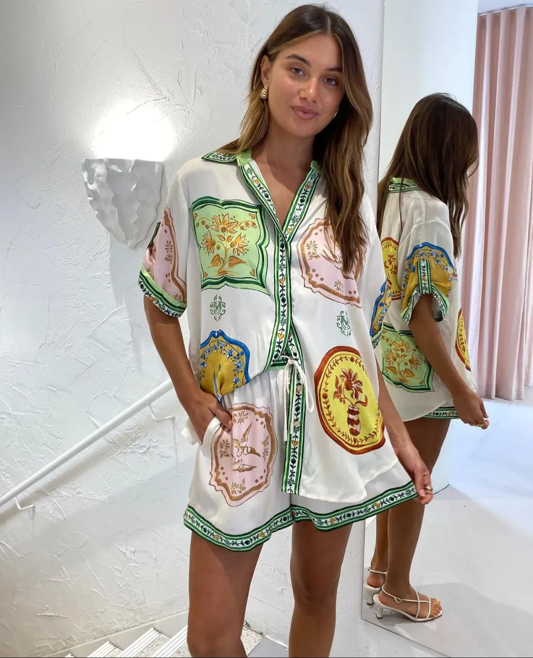 Alemais Porcelain Silk Shirt Size 8 and Short Size 10 Set Multi for rent on The Volte - main image