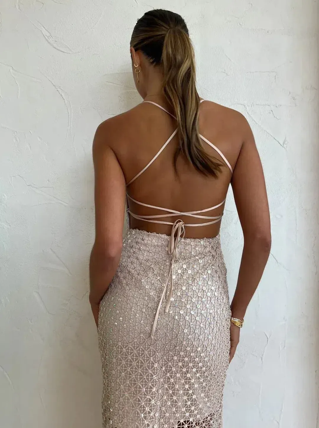 Manning Cartell Crochet Sequin Slip Dress in Buff Size AU 6  for rent on The Volte - main image