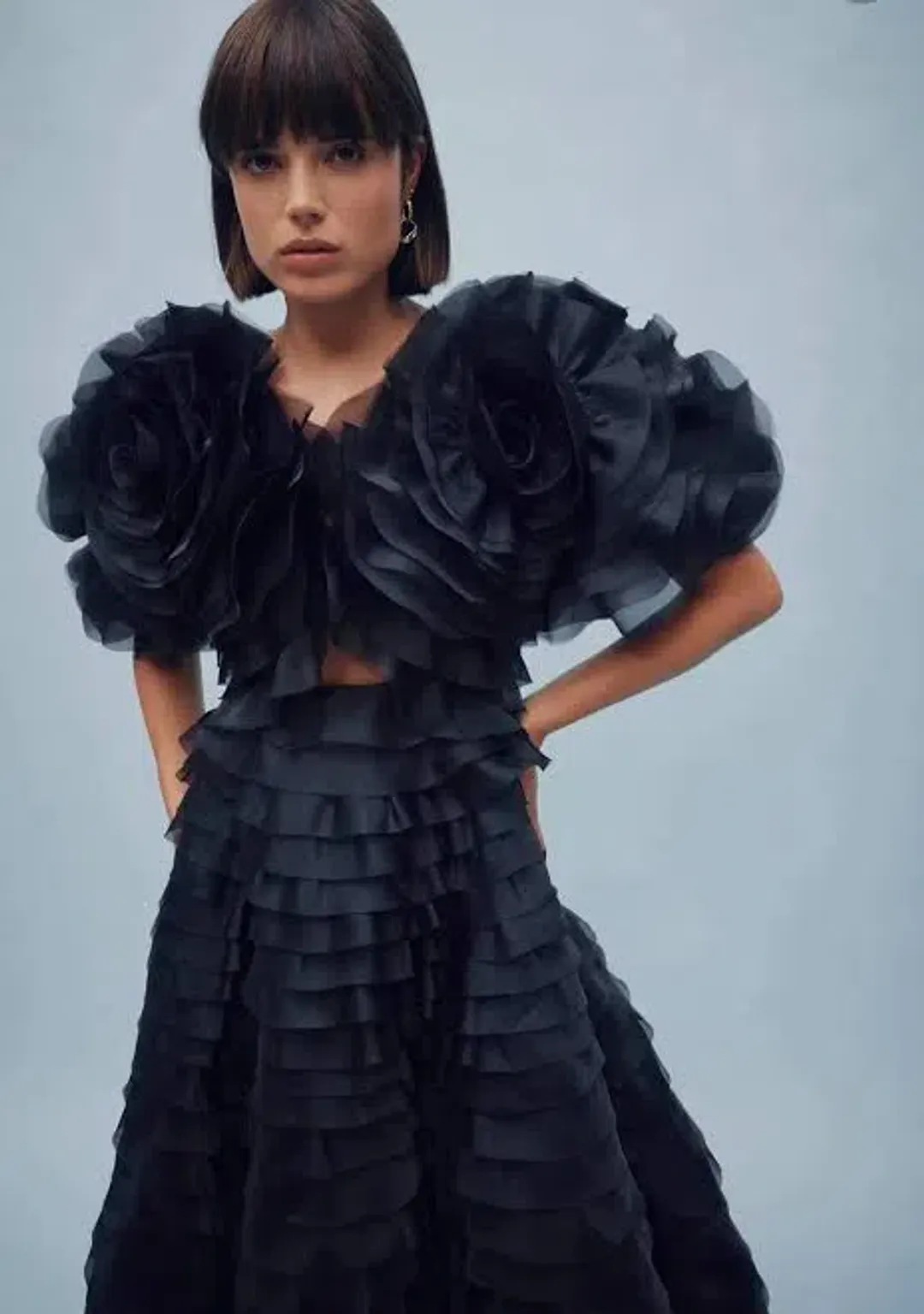 Aje Amour Ruffle Midi Dress Black Size 6 for rent on The Volte - main image