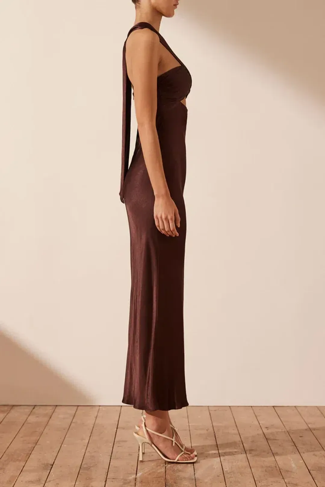 Shona Joy Lana Ruched Halter Midi Dress in Cocoa Size 14 for rent on The Volte - main image