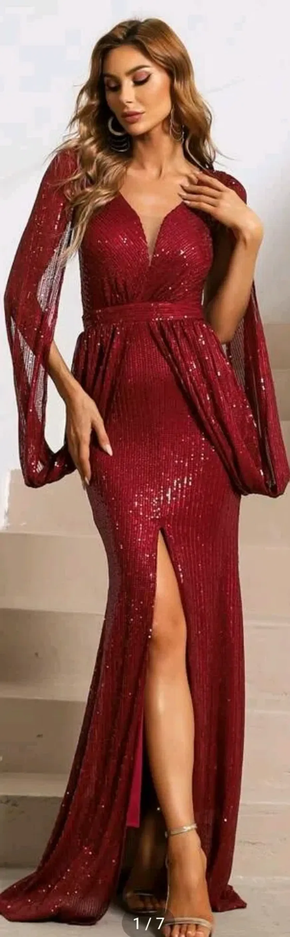 Red sequence evening gown with Cape style sleeves size 8 - Image 1