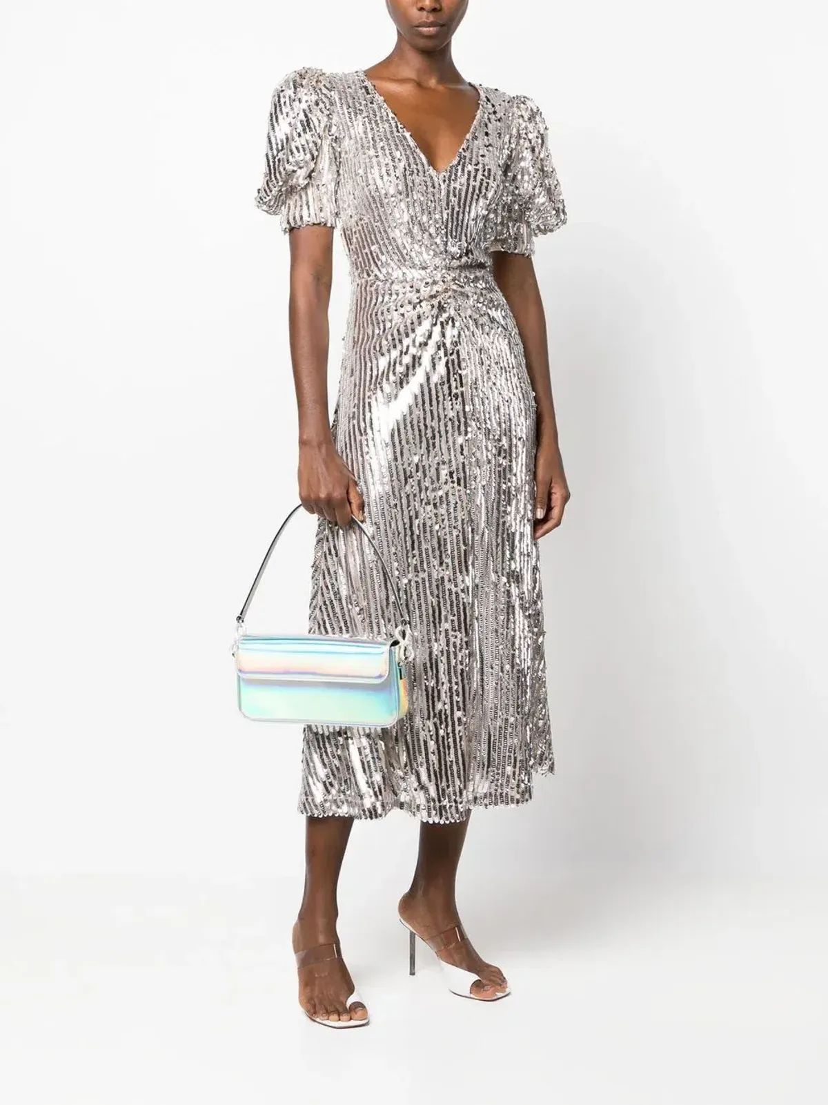 Rotate Puff Sleeve Sequin Midi Dress Silver Size 34/ AU 6 - Image 1