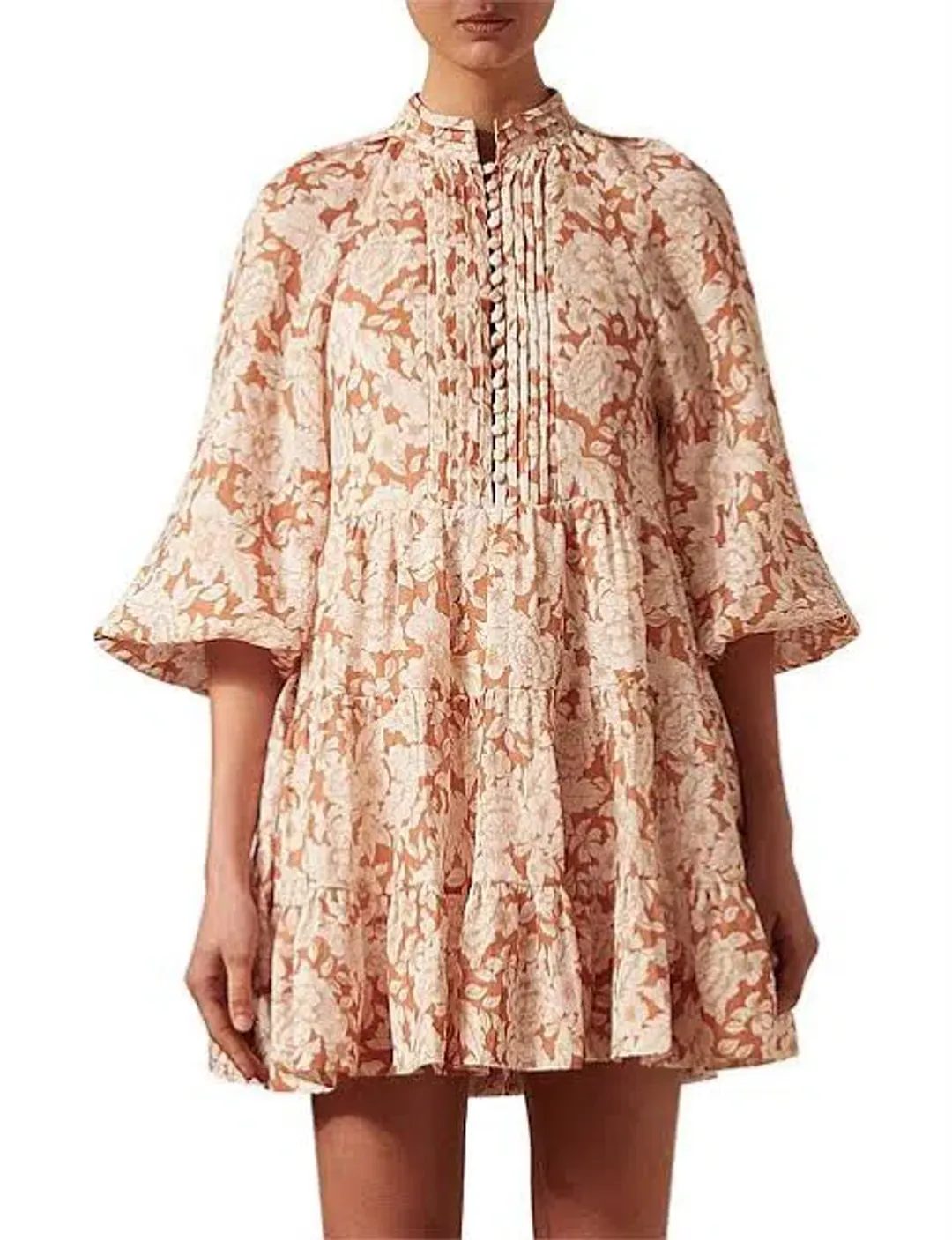 Shona Joy Flor Balloon Sleeve Pin Tuck Tiered Mini Dress Floral Size 6 for rent on The Volte - main image