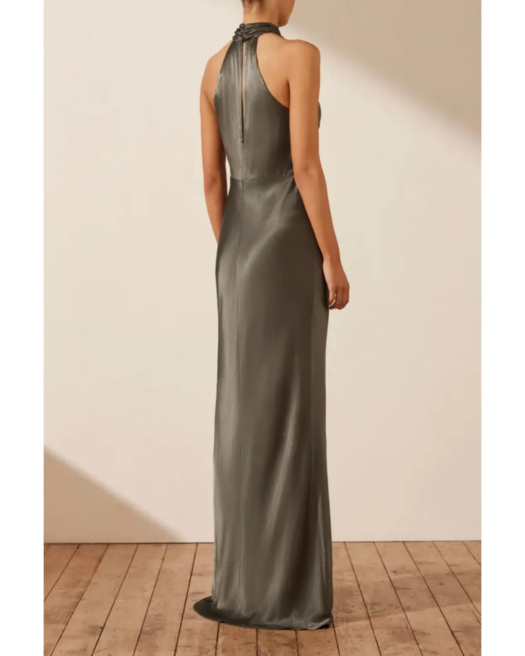 Shona Joy La Lune High Neck Twist Maxi Dress Olive Size AU 10 for rent on The Volte - main image