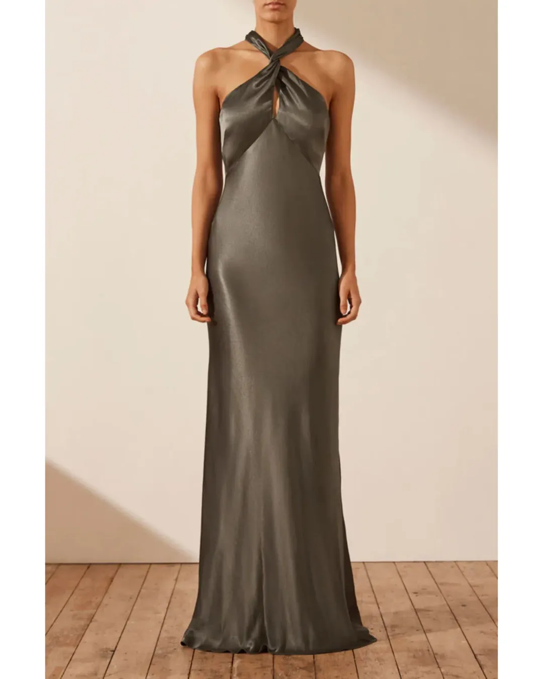 Shona Joy La Lune High Neck Twist Maxi Dress Olive Size AU 10 for rent on The Volte - main image