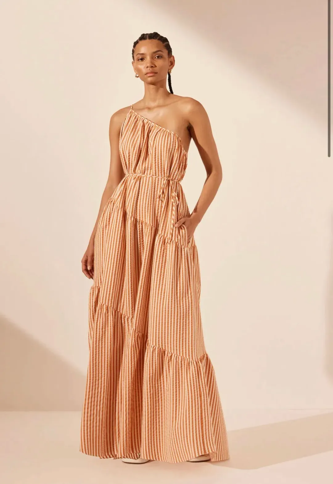 Shona Joy Hele One Shoulder Tiered Maxi Dress Coconut/Tangerine Size AU 6 for rent on The Volte - main image