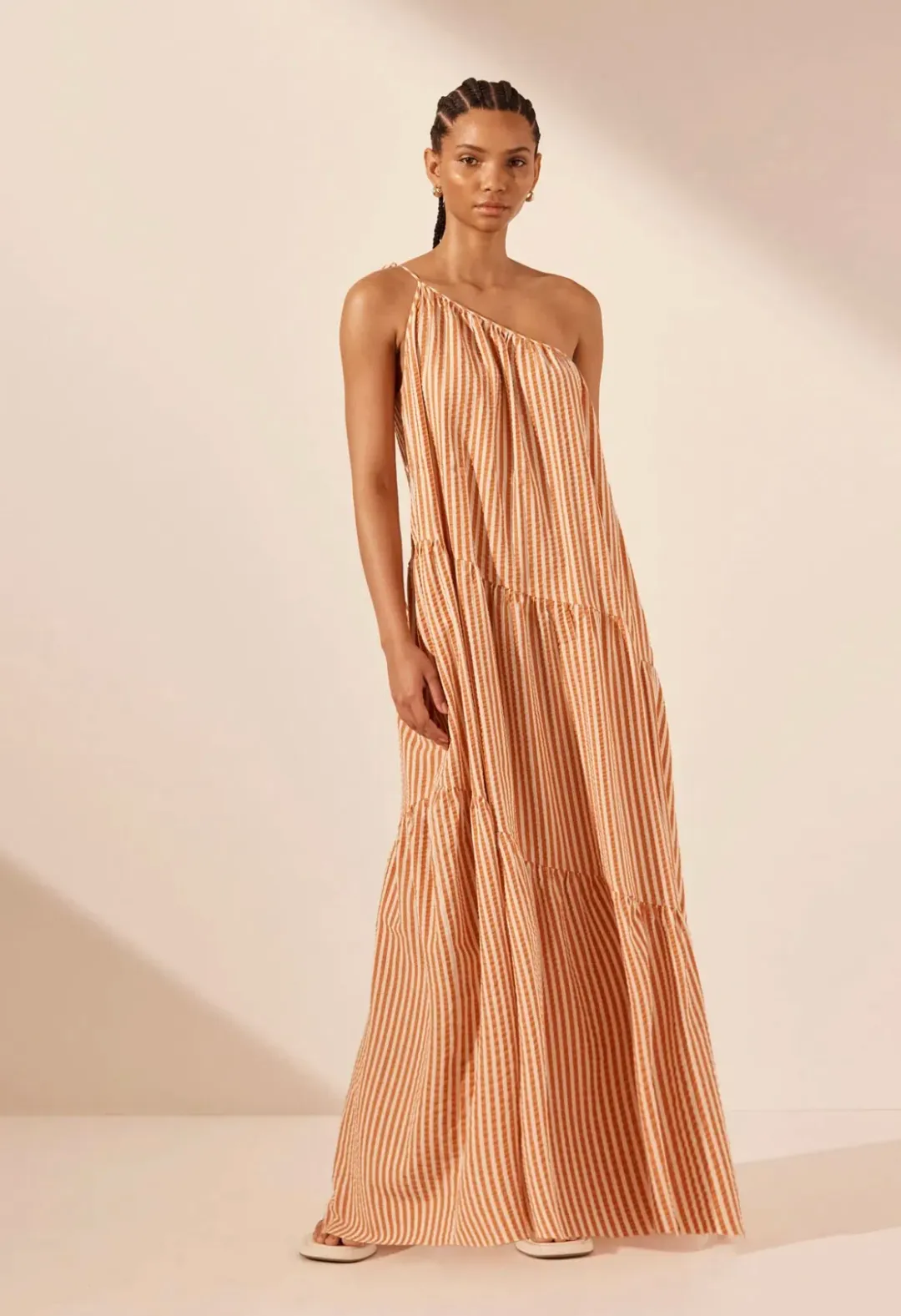 Shona Joy Hele One Shoulder Tiered Maxi Dress Coconut/Tangerine Size AU 6 for rent on The Volte - main image