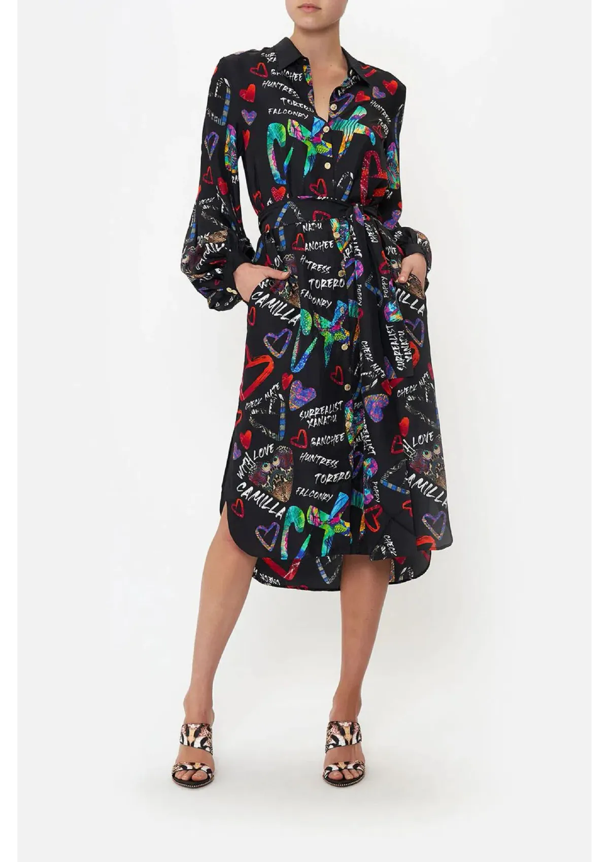 Camilla Tagged Up High Low Midi Shirt Dress Black Print Size M / AU 12 - Image 1