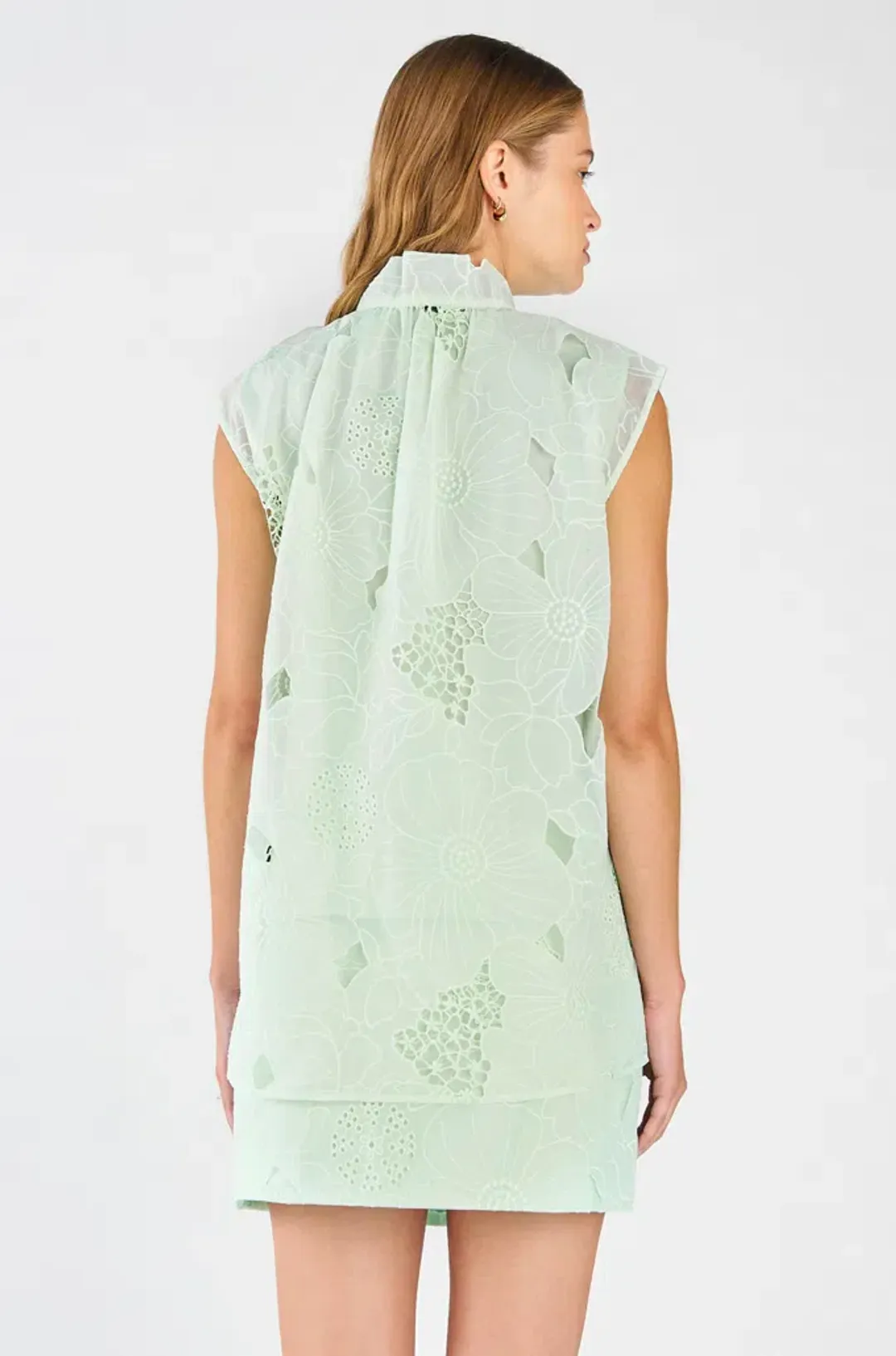 Oroton Tie Neck Lace Top Size AU 8 & Lace Mini Skirt Size AU 10 Set Sea Spray for rent on The Volte - main image