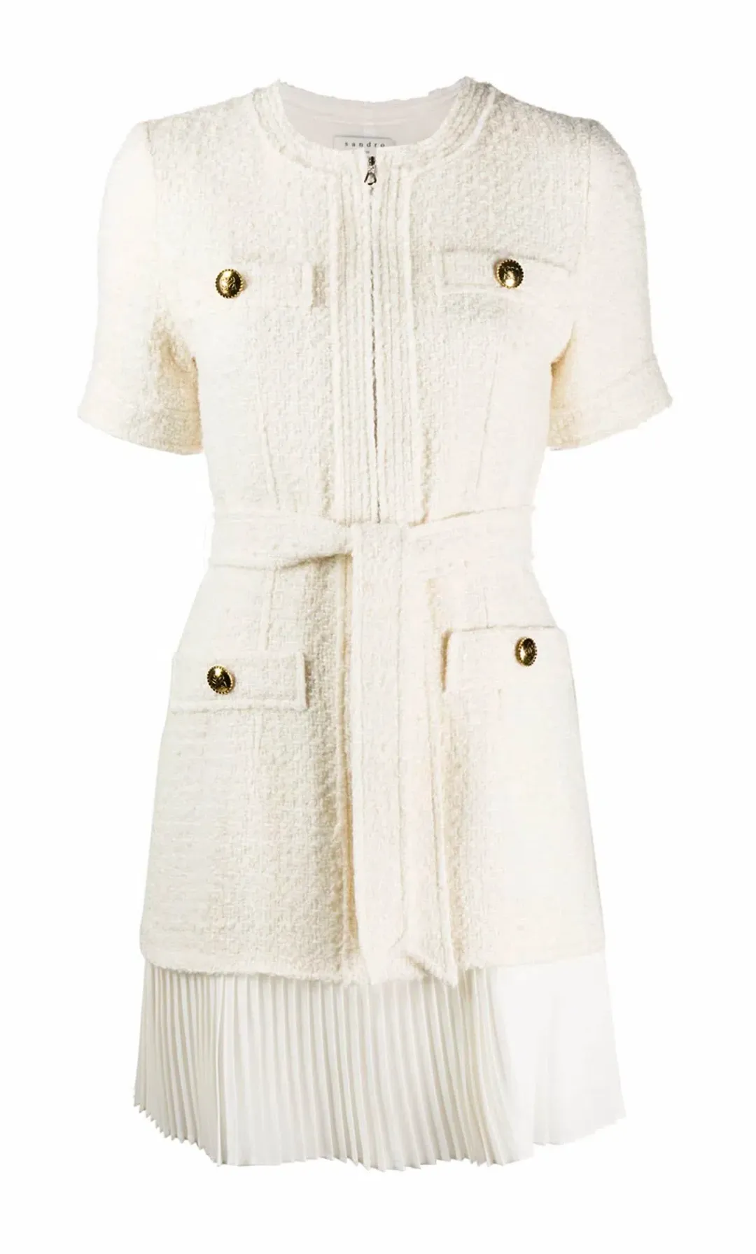 Sandro Tweed Pleated Trim Mini Dress in Ecru Size 34 FR / 6 AU for rent on The Volte - main image