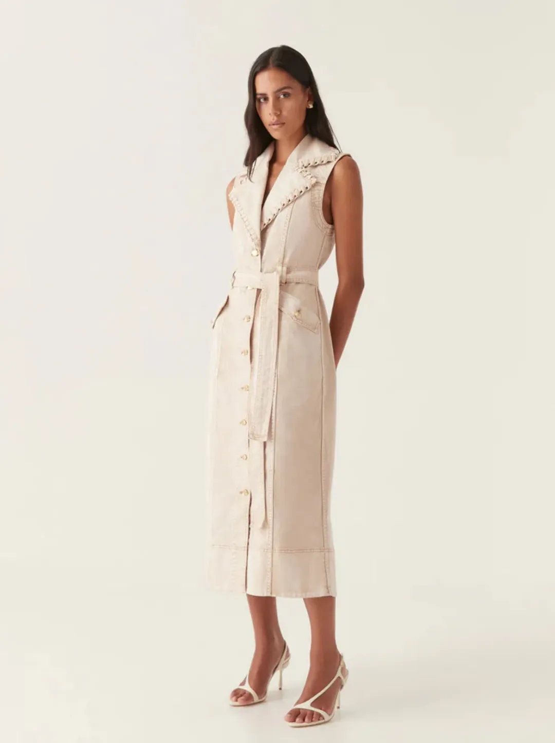 Aje Lorah Denim Midi Dress Sand Size 10  for rent on The Volte - main image