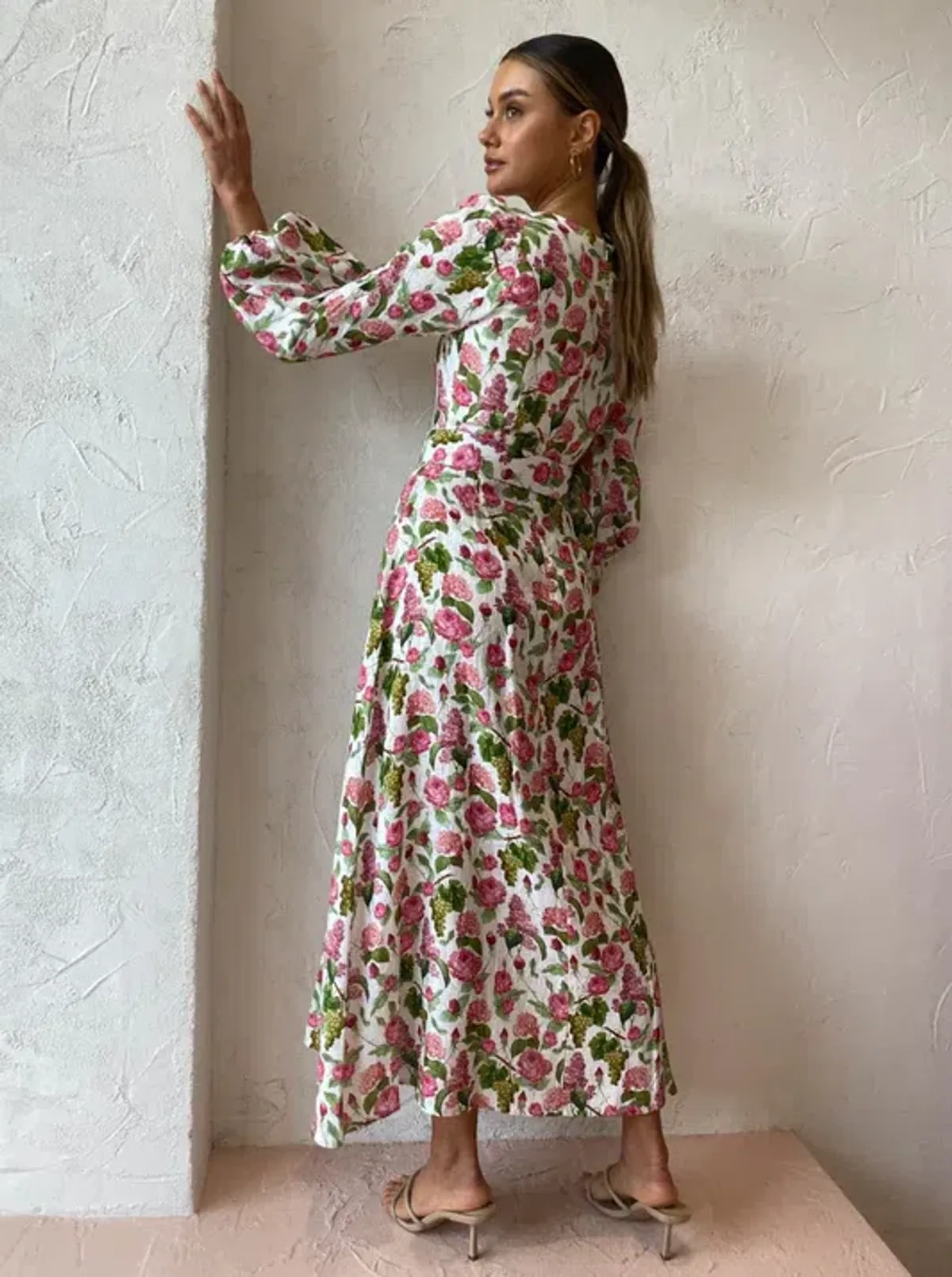 Palm Noosa Melrose Linen Long Sleeve Dress Pink Blooms Print Size 14 - Image 4