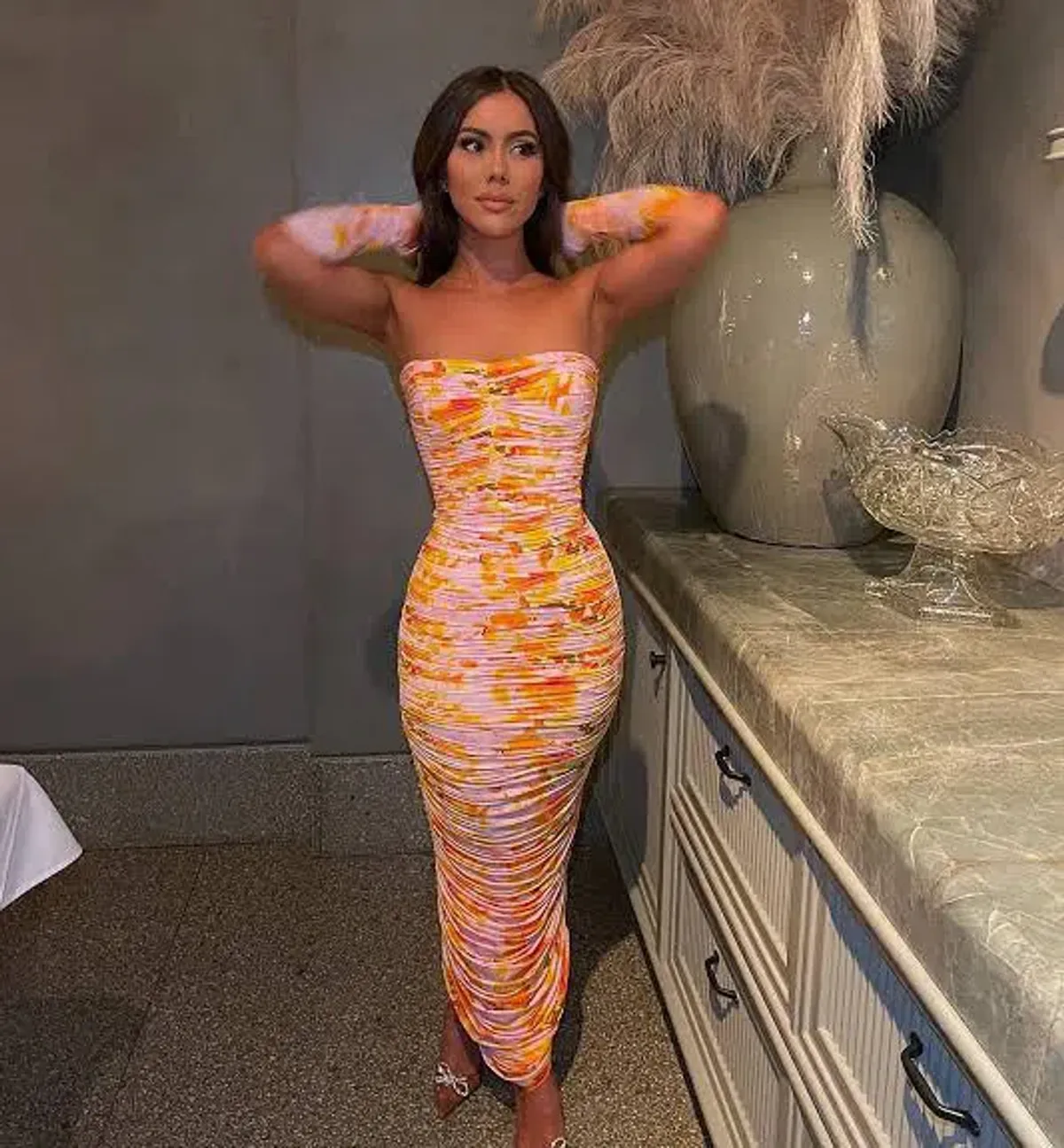 Alex Perry Parton Ruched Strapless Midi Dress with Gloves Multi Size 6AU - Image 2