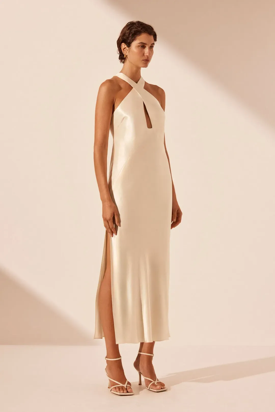 Shona Joy La Lune Cross Front Keyhole Midi Dress Cream Size 12 for rent on The Volte - main image