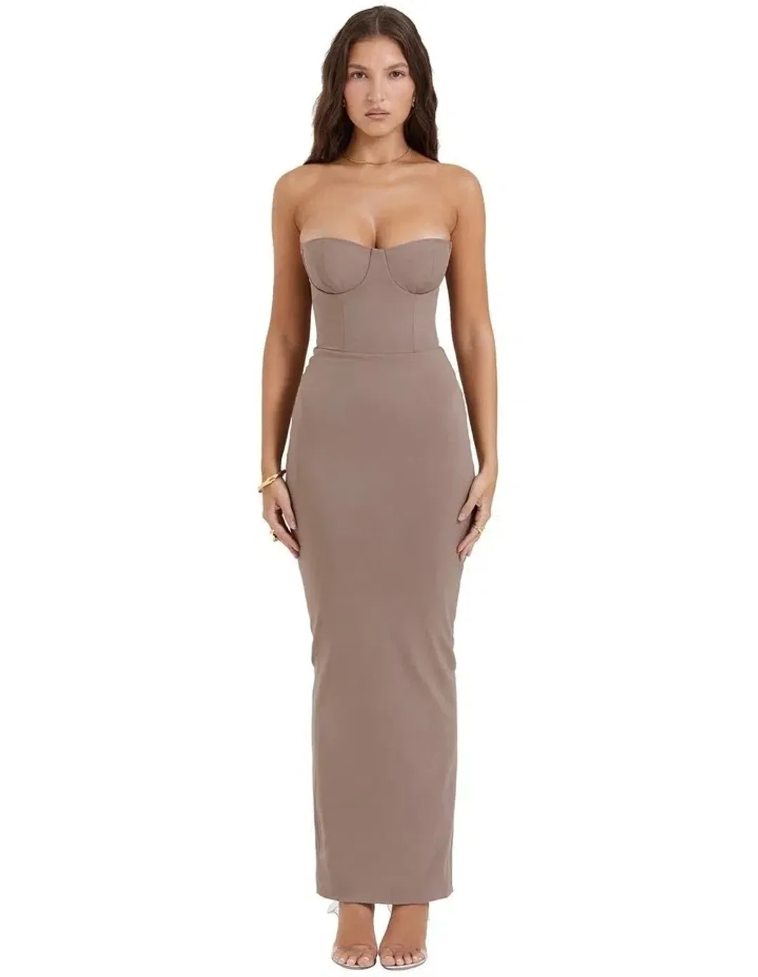 House of CB Lucia Strapless Corset Maxi Dress Taupe Size M / AU 10 Regular Bust Cup for rent on The Volte - main image