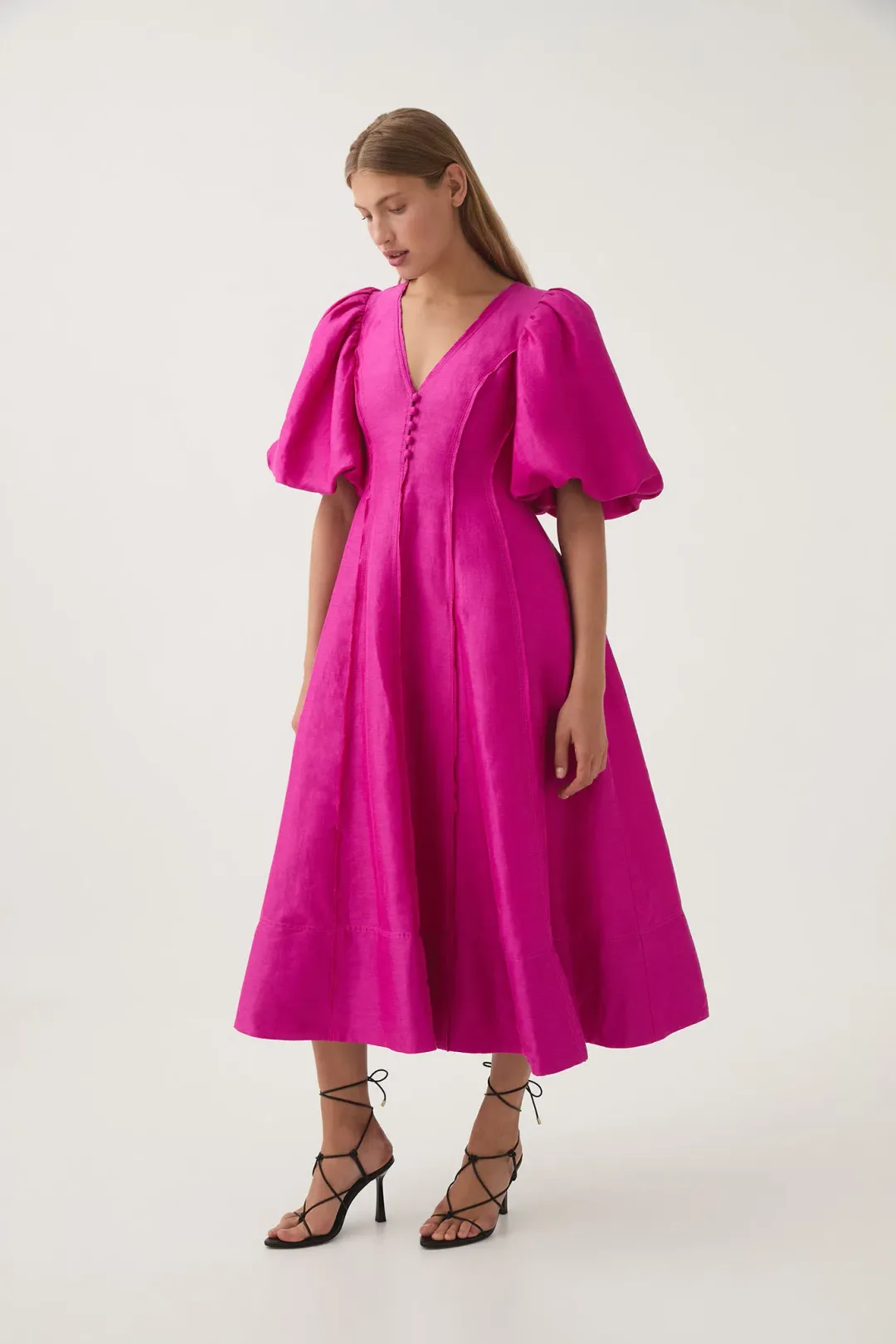 Aje Dusk Puff Sleeve Midi Dress in Deep Magenta Size S / AU 8 for rent on The Volte - main image