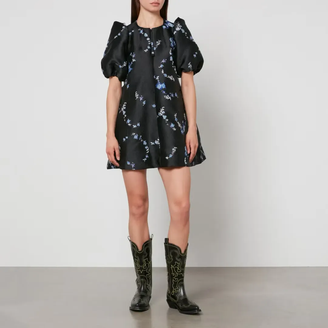 Ganni Floral-Jacquard Mini Dress Black Print Size AU 12 for rent on The Volte - main image