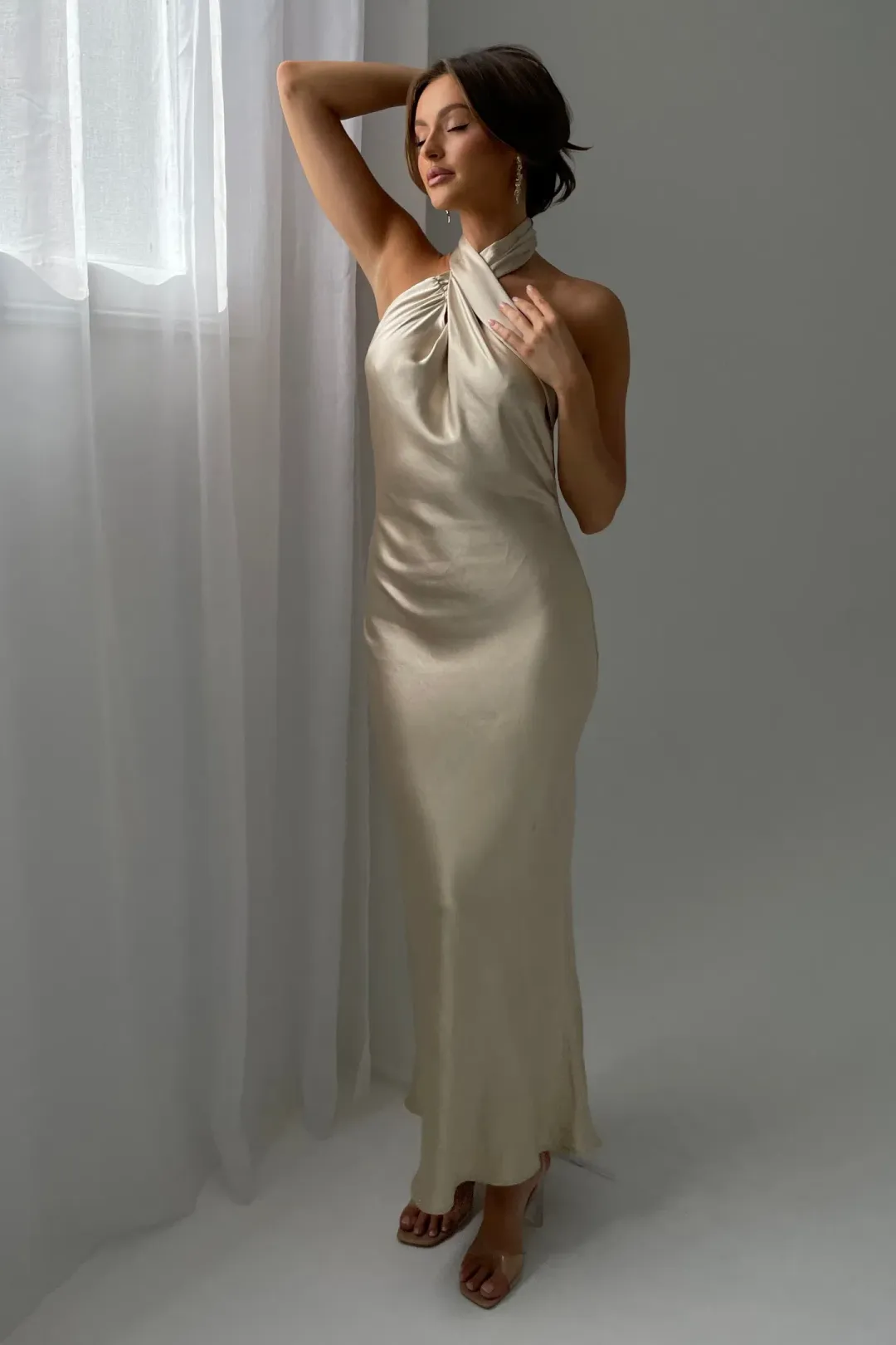 Meshki Laura Halter Satin Gown in Gold Size S / AU 8 for rent on The Volte - main image