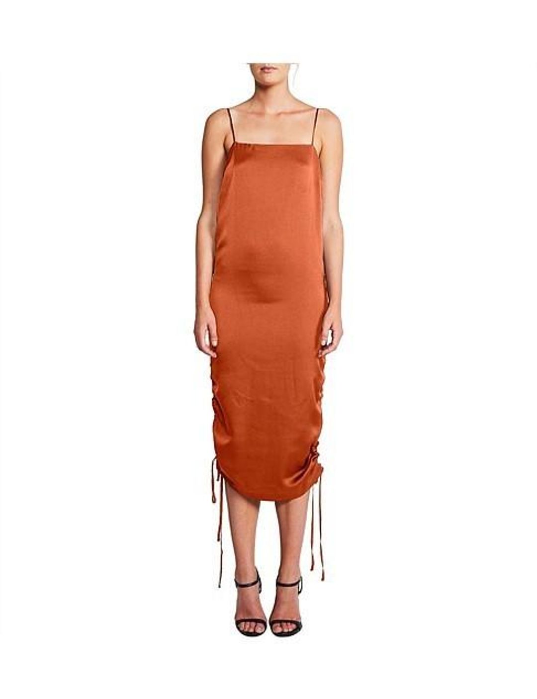 Shona Joy Satin Ruched Dress Rust Size 6 for rent on The Volte - main image