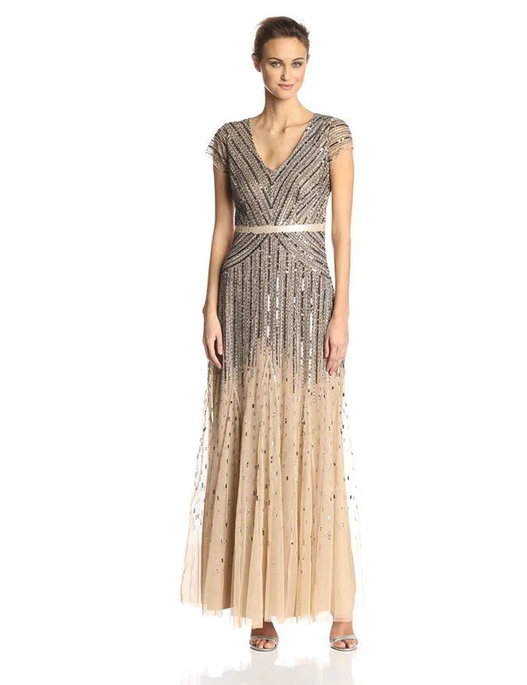 Adrianna Papell Sequinned V-Neck Cap Sleeve Gown - Gold - Size 16 for rent on The Volte - main image