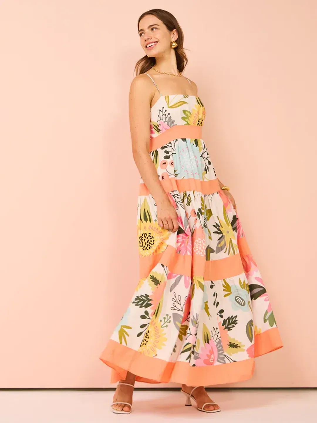 By Nicola Monet Tiered Maxi Dress In Potpourri/Melon Size 10 for rent on The Volte - main image