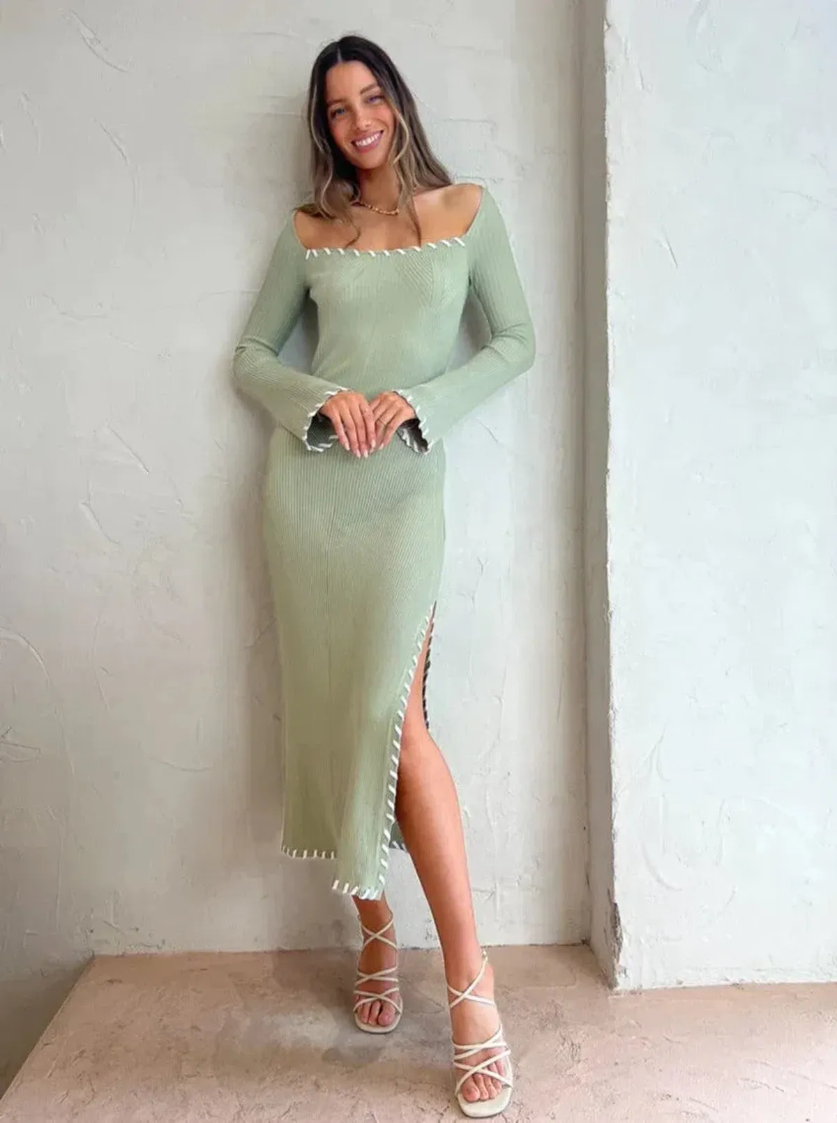 Mon Renn Trace Knit Midi Dress Sage Size 8 - Image 2