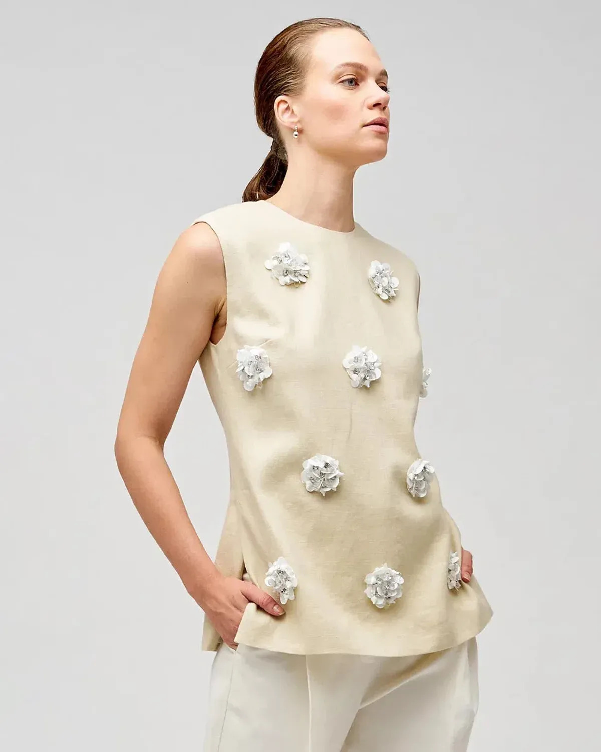 Oroton Flower Sequin Tunic Limestone Size 6 - Image 2