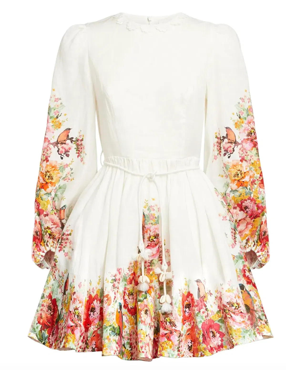 Zimmermann Mae Embellished Floral Print Linen Mini Dress Ivory Size 0P / AUS 6P - Image 4