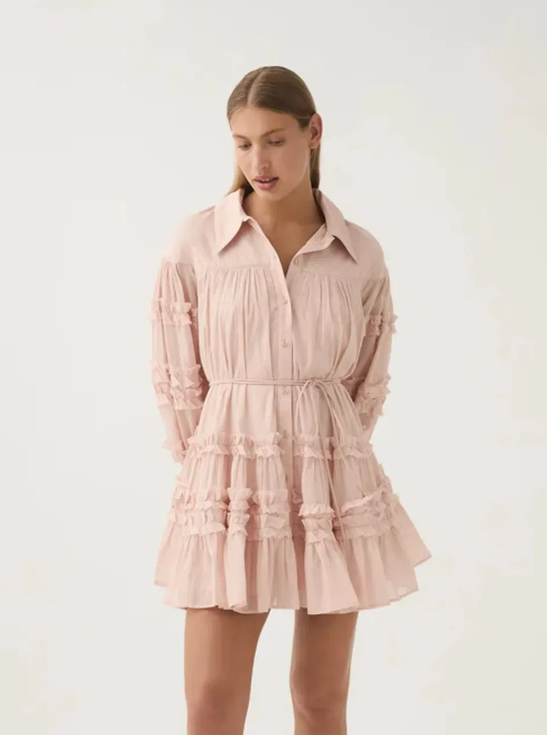 Aje Pastiche Tiered Mini Dress in Blush Pink Size 16 for rent on The Volte - main image